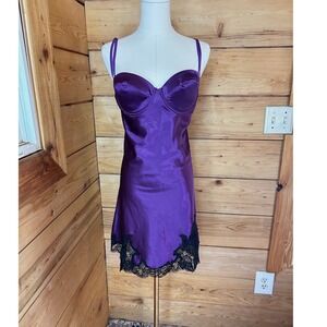 Vintage Purple Satin Black Lace Trim Chemise Nightgown Size Extra Large Jessica